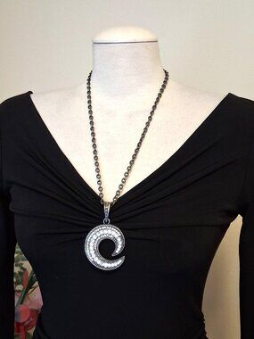 Vintage Chunky Large Clear Crystal Moon Shaped Pendant Thick Heavy VTG Necklace